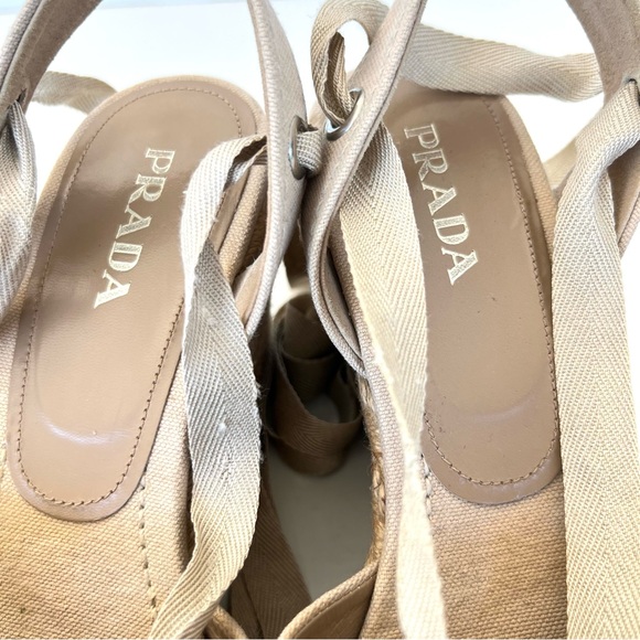 PRADA Beige Canvas Ankle Strap Lace Wrap Platform Wedges Sandal Espadrille Sz 38 - Picture 4 of 15